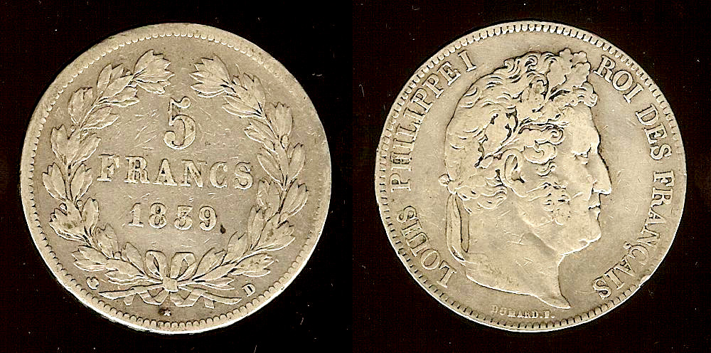 5 francs Louis Philippe 1839D VF/gVF